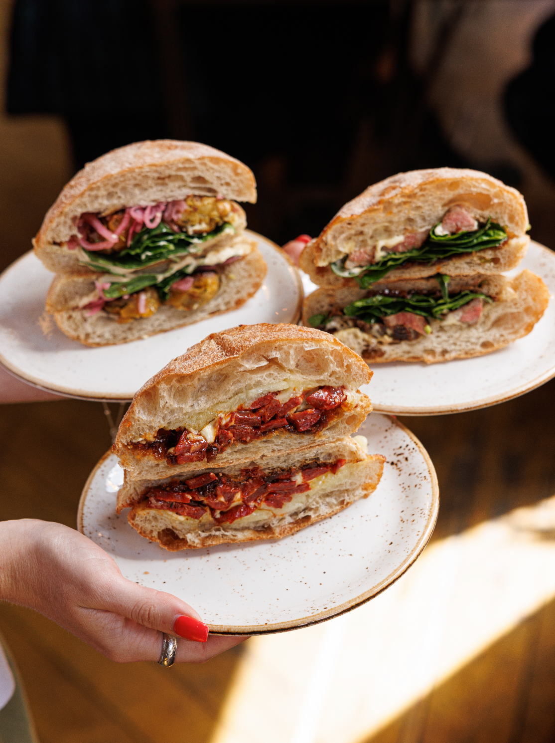 Three gourmet sandwiches, hummus and falafel, steak and caramelised onion, chorizo and manchego cheese, served on speckled white plates held by a hand with red nail polish.